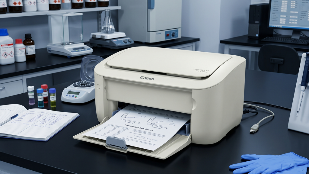 Canon imageCLASS LBP6030W printer on a laboratory counter with lab equipment in the background
