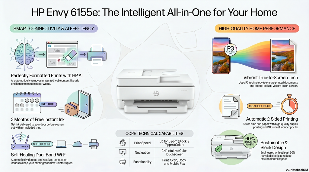 HP Envy 6155e printer features highlighted on a white background