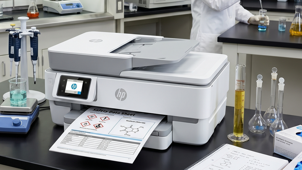 HP printer in a laboratory setting with a scientist and lab equipment.